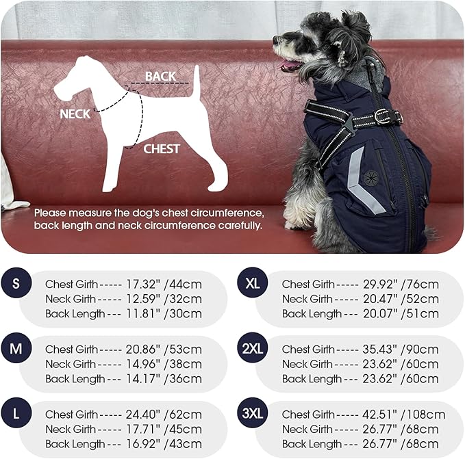 FUAMEY Fleece Lined Dog Coat, Warm Dogs Jacket with Harness, Pop Bag Pockets, Extra Large Doggy Thermal Vest Back Zipper Winter Suit, Snow Cold Weather Outfits, Cocker Spaniel (Dark Blue, 2XL)