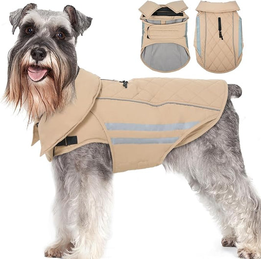 Dog Coats for Medium Dogs Waterproof Warm Winter Jacket with Leash Hole Reflective Turtleneck Fleece Snowsuit Hook & Loop Snow Jackets for Dogs, Khaki M