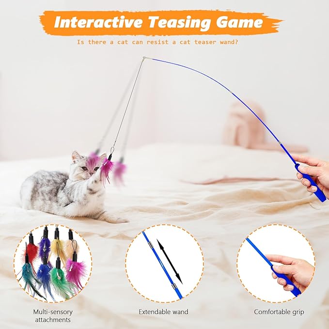 Cat Toys Pack, Interactive Cats Toys for Indoor Cat, Speedy Tail 2.0 Cat Toy, Teaser Feather Mouse Toy for Kittens (20PCS)