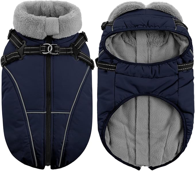 Queenmore Dog Jackets for Large Dogs,Dog Coat with Harness Built in,Waterproof Dogs Coats with Zipper On Back,Warm Fleece Lining Cold Weather Pet Coats with Furry Collar for Labrador,NavyBlue,XL
