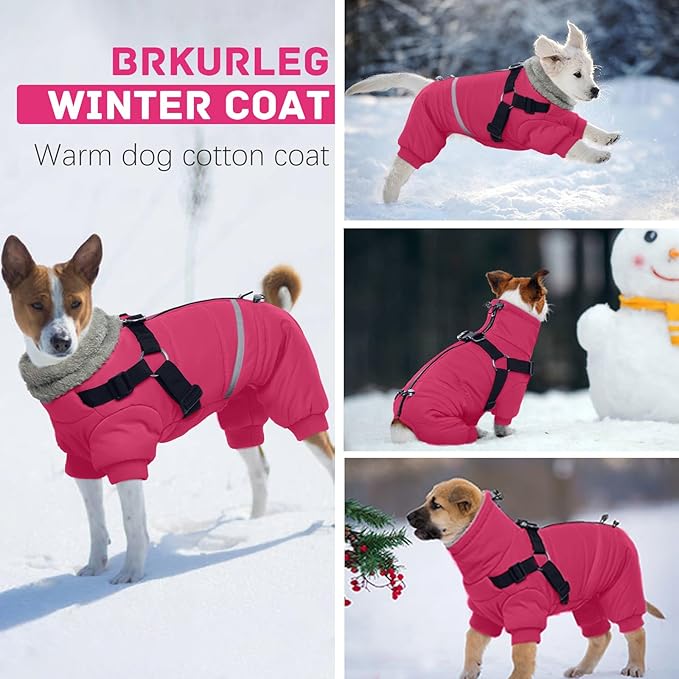 BRKURLEG Dog Winter Coat with Harness Built in, Winter Dog Jacket for Small and Medium Dogs, Small Dogs Snowsuit Reflective Windproof Cold Weather Coat, Puppy Warm Fleece Coats, Hot Pink, M