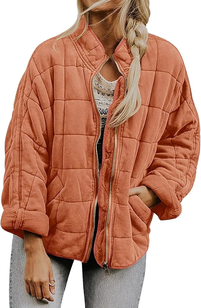 LIZALIG Warm Padded Coat for Women Full Zip Quilted Jackets Winter Oversized Causal Solid Color Stand Collar Pockets Coat