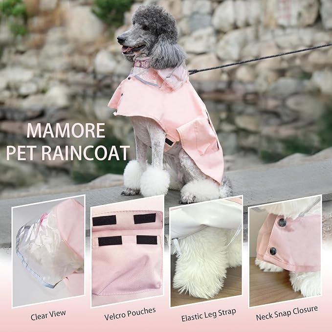 Dog Raincoat Waterproof, Adjustable Reflective Hooded Dog Rain Poncho with Leash Hole for Small Medium Large Dogs (Pink, X-Small)