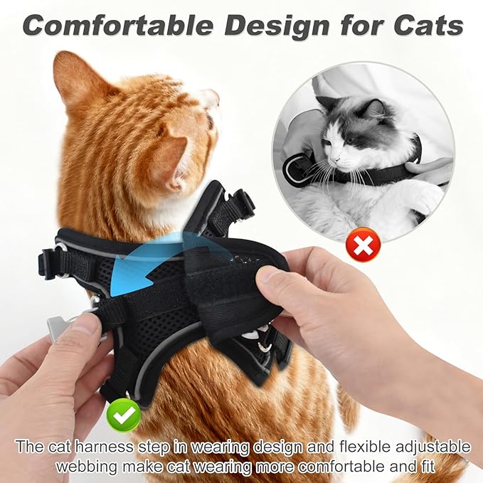 Kitten Cat Harness and Leash Set, Escape Proof Soft 4-Adjustable Cat Walking Vest Harness, Reflective Strips in Harness for Kitty Puppy Bunny Car Travel, with Car Seatbelt Leash (Black, S)