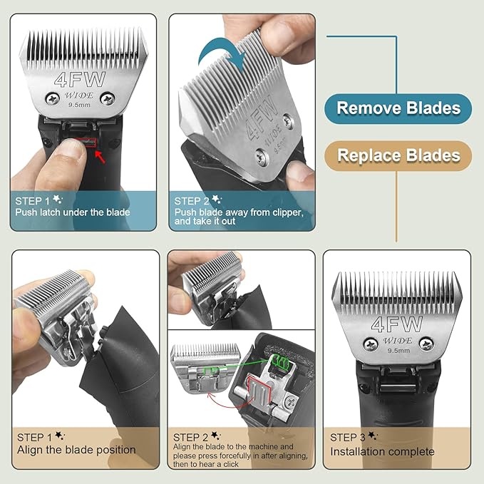 7FW+5FW+4FW Wide Pet Dog Grooming Detachable Blades Kit,Compatible with Andis,Oster A5,Wahl KM10 Clippers,Cut Length 1/8"(3.2mm) to 3/8" (9.5mm),Fit for Larger Animals