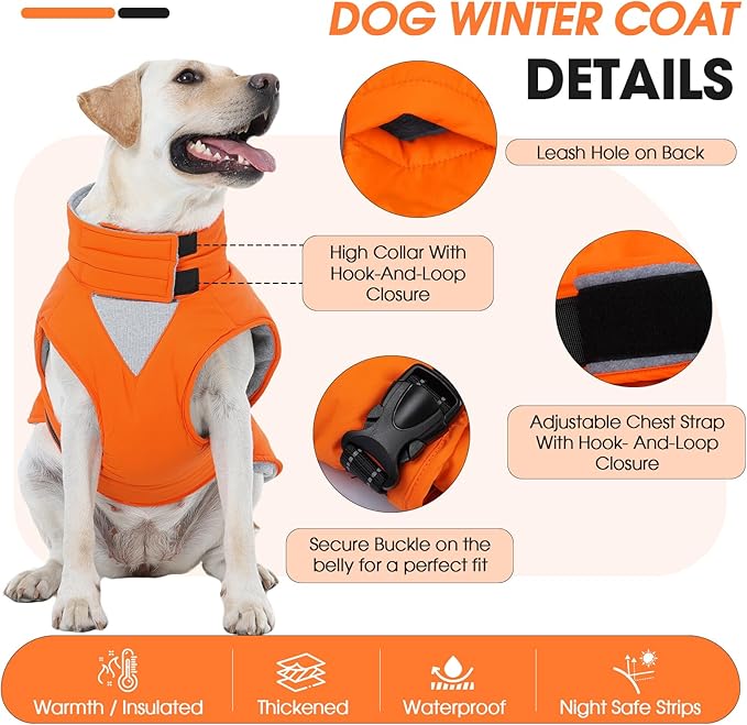 Extra Large Dog Coat, Warm Dog Winter Jacket, Waterproof Dogs Snowsuit with Foldable High Collar, Reflective Strips, Adjustable Hook & Loop Closure - Ideal for Cold Weather - Orange 4XL
