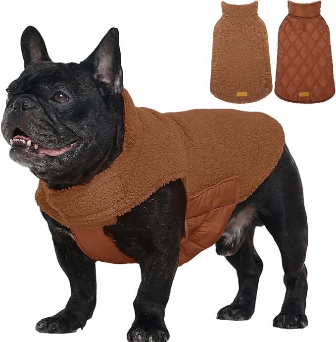 Kuoser Reversible Dog Coat – Warm Fleece & Quilted Waterproof Dog Jacket, Double-Sided Cold Weather Dogs Winter Coat with Harness Hole, Windproof Pet Snow Vest for Small Medium Large Dogs, Brown S