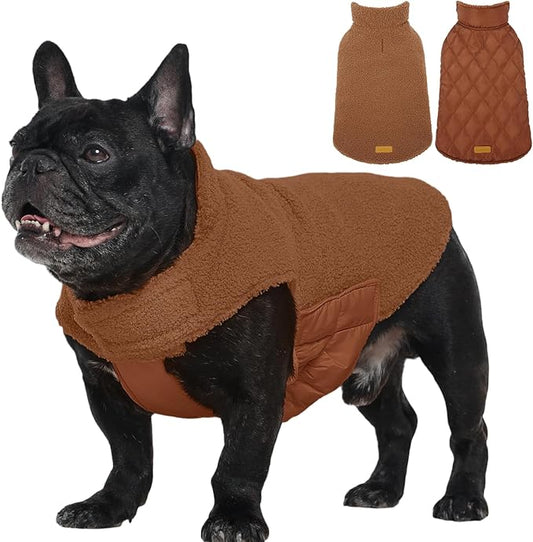 Kuoser Reversible Dog Coat – Warm Fleece & Quilted Waterproof Dog Jacket, Double-Sided Cold Weather Dogs Winter Coat with Harness Hole, Windproof Pet Snow Vest for Small Medium Large Dogs, Brown M