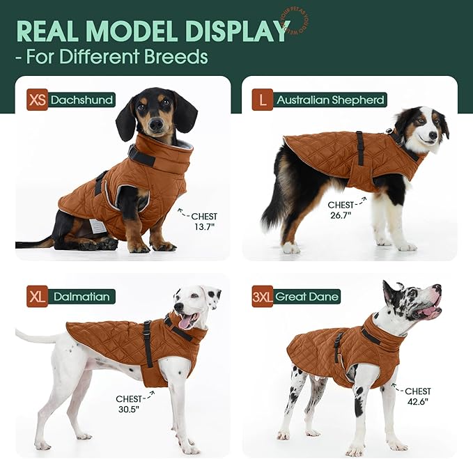 Kuoser Dog Coat Warm Fleece Lining Turtleneck Dog Jacket with Harness Built-in, Adjustable Windproof Cold Weather Coats with Quick Release Buckle Pet Winter Snowsuit for Extra Large Dogs, Khaki 2XL