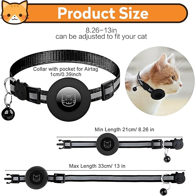Airtag Cat Collar with Bell, Reflective Nylon Kitten Collar with Apple Air Tag Holder and Breakaway Safety Buckle for Puppy Girl Boy Cats, 3/8" in Width and Lightweight, Dark Blue