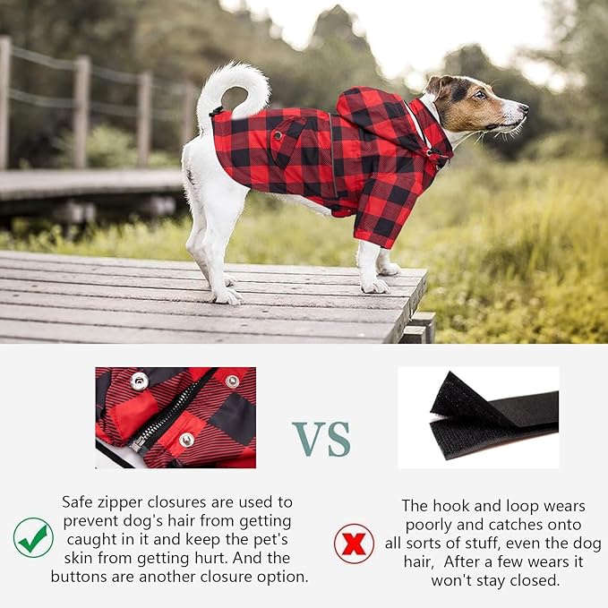 Dog rain Coat Waterproof Raincoat Puppy Jacket with Legs Buttons Zipper Hood Drawstring Fit for Yorkie Terrier Schnauzer Poodle Border Collie Labrador Golden Retriever 8lbs to 80lbs Red L