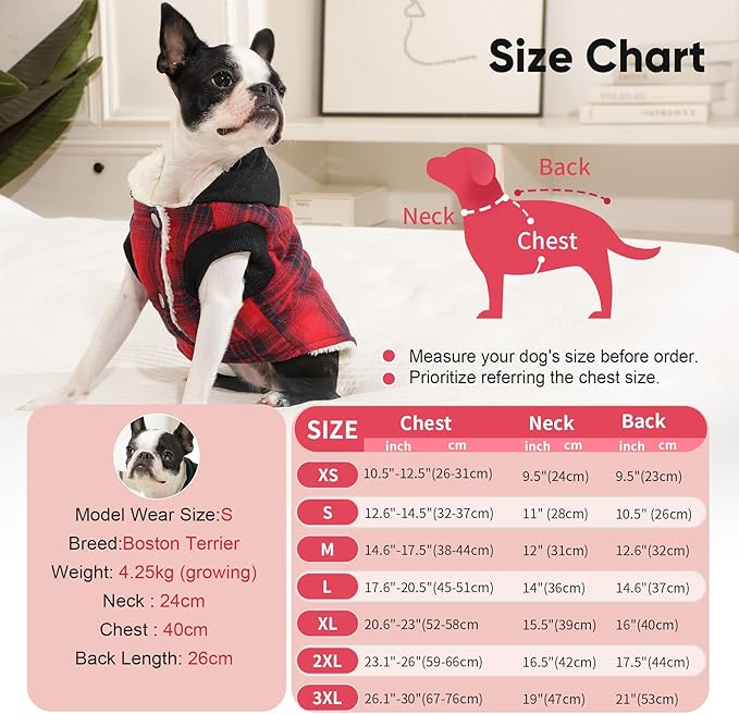 Fleece Lining Dog Hoodie for Small Dogs Extra Warm Plaid Sweater with Drawstring Hooded Coats in Winter Puppy Jacket,Red M