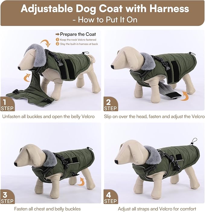 Queenmore Small Winter Dog Coat with Harness Built-in, Waterproof Winter Jackets for Small Dogs, Puppy Warm Puffer Jacket for Snow/Cold Weather - Fleece Reflective Easy On Velcro Closure, Green S