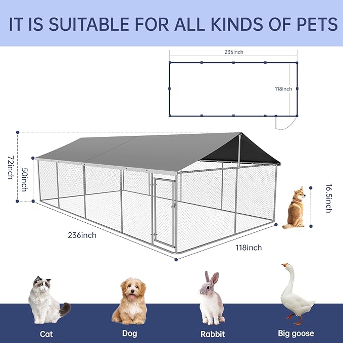 Outdoor Dog Enclosure Heavy Duty Dog Kennel House Mesh Dog Big Cage Pet Kennel Steel Fence with Secure Lock(236”x 118”)