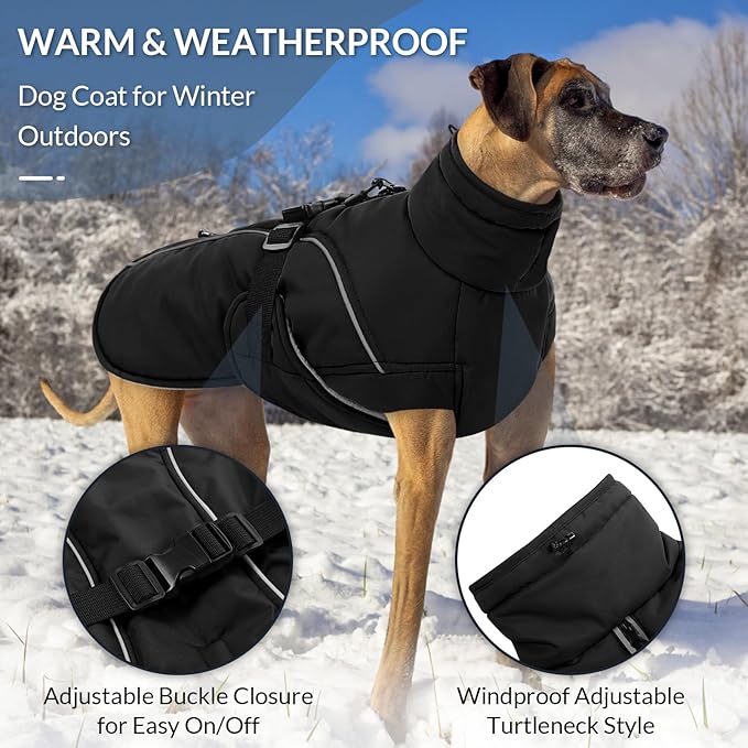 Queenmore Winter Dog Coat Warm Dog Jacket Vest Waterproof Puffer Fleece Snowsuit Adjustable Buckle Leash Hole Reflective Cold Weather Parka for Small Medium Large Dogs Girl Boy Black XXL