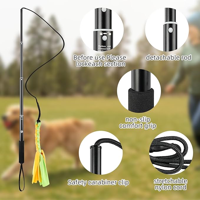 Flirt Pole for Dogs, Extendable Dog Flirt Pole with Detachable Interactive Toys Teaser Wand with Lure Chewing Toy for Outdoor Exercise & Training Interactive Toys Heavy Duty Dog Toy