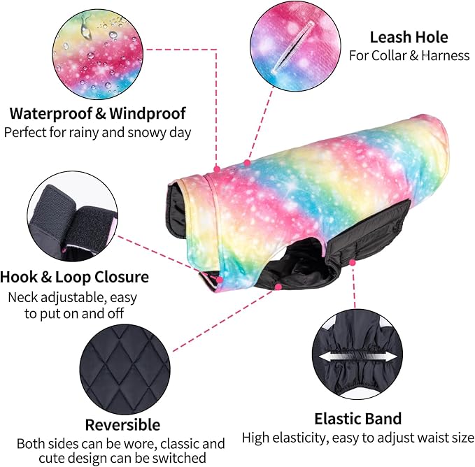 CuteBone Winter Jacket - Waterproof Windproof Reversible Vest for Small to Large Dogs; Soft, Thick, Adjustable Coat with Leash Hole