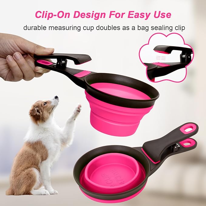 Collapsible Silicone Dog Food Scoop Foldable Pet Food Measuring Cup with Bag Clip 3 in 1 Multi-Function Silicone Dog Food Scooper (Rose Red, Large)