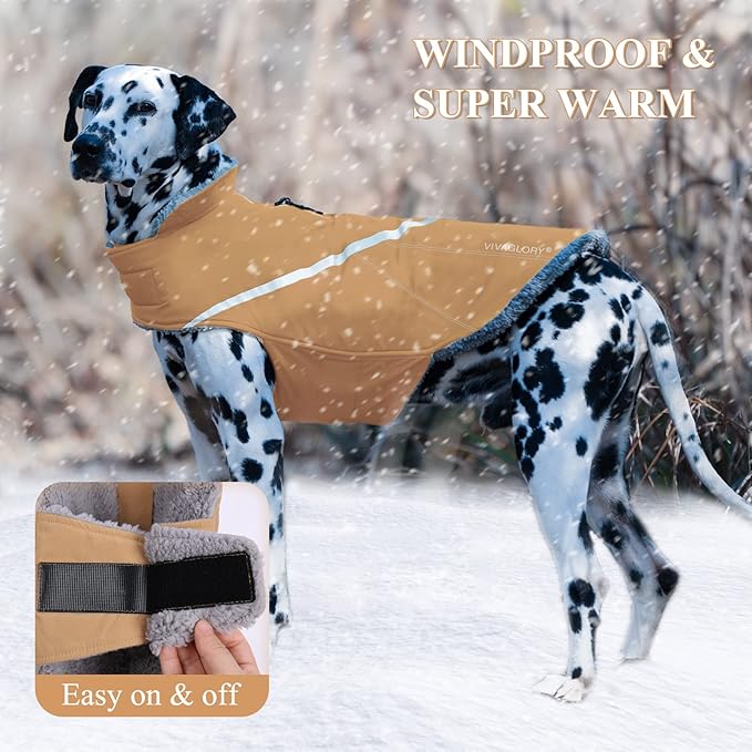 VIVAGLORY Snowrap Dog Coat, Jacket with Harness Hole & Velcro Closure, Dog Coat for Winter & Cold Weather, Fluffy Warm Fleece Lined Reflective Water Resistant for Puppy, S, Khaki
