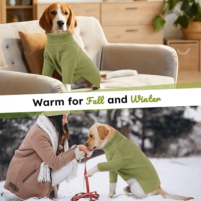 Queenmore Large Dog Sweater, Long Sleeve Dogs Sweater with Check Pattern, Fall Winter Warm Dog Sweaters for Large Breeds, Solid Pull-on Pet Sweaters, Green XL