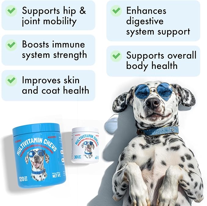 Dog Vitamins - 120 Multivitamins Chews w/Glucosamine Chondroitin, Probiotics Digestive Enzymes and Omegas - Supplement for Overall Health - Joint Support, Immune Health, Skin and Heart Health