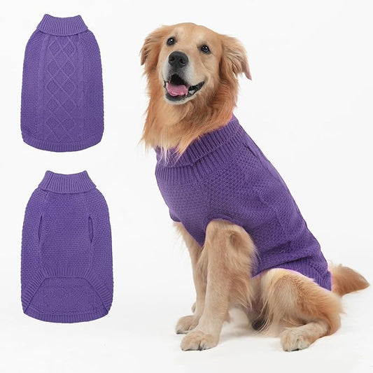 Mihachi Turtleneck Dog Sweater - Winter Coat Apparel Classic Cable Knit Clothes with Leash Hole for Cold Weather, Ideal Gift for Pet in New Year Light Purple L