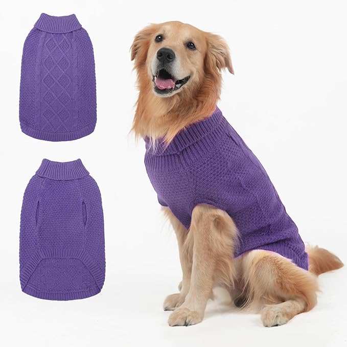 Mihachi Turtleneck Dog Sweater - Winter Coat Apparel Classic Cable Knit Clothes with Leash Hole for Cold Weather, Ideal Gift for Pet in New Year Light Purple XL