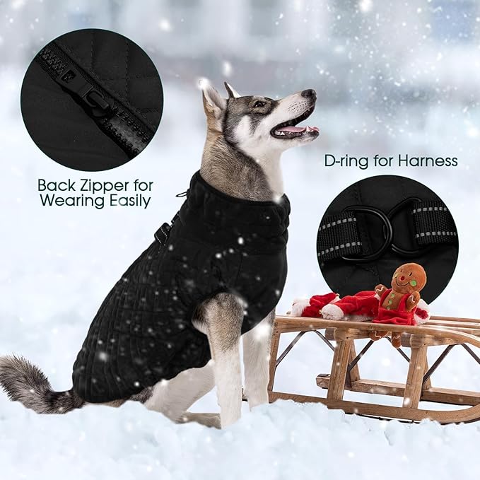 Kuoser Medium Dog Coat | All-Breed Thermal Wear with Windproof Layer | Reflective Tabs Enhance Visibility in Snow, Snap Buckles Simplify Dressing, Black L