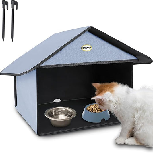 Dreyoo 1 Pack Outdoor Cat Feeding Station for Food & Water, Weatherproof Outdoor Kitty Dining Room Cat Shelter for Stray, Feral Cats and Community Cats, 13”d x 17”w x 15.5'h (Dusty Blue)