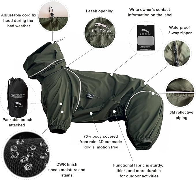 Dog Lightweight Windbreaker, Dog Outdoor 4-Legs Jacket, 0.5 lbs,Durable Water Repellent, Hooded, Easy on/Off with Collar and Harness, Reflective, Packable,Dark Olive (XX-Large)