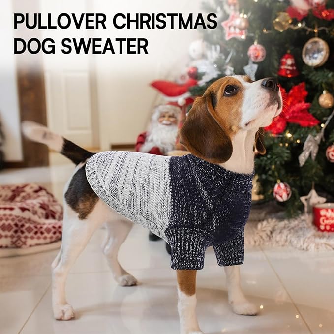 Queenmore Knitted Pullover Dog Sweater, Turtleneck Pet Cat Sweater, Cold Weather Puppy Clothes Stitching Knitwear with Leash Hole for Small Medium Dogs(Blue,M)