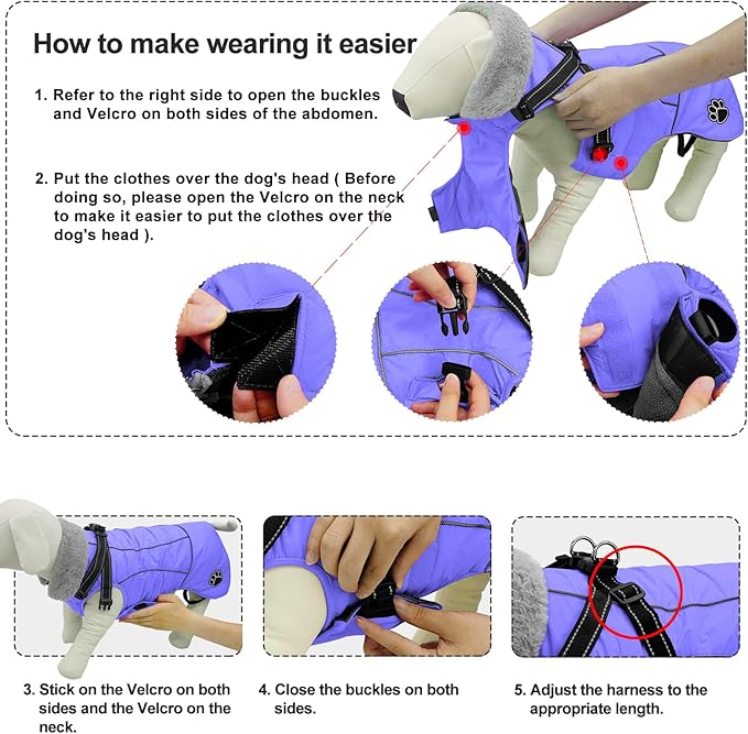 Doglay Dog Coat with Harness, Reflective Warm Dog Jacket Waterproof Puppy Winter Coat for Cold Weather, Adjustable Fleece Jacket for Small Medium Large Dogs