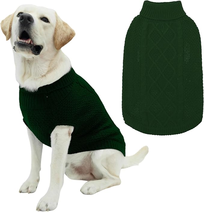 Mihachi Turtleneck Dog Sweater - Winter Coat Apparel Classic Cable Knit Clothes with Leash Hole for Cold Weather, Ideal Gift for Pet in New Year Army Green Large