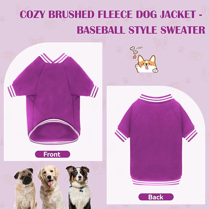 Dog Sweaters for Small Dogs, Brushed Fleece Dog Sweater Baseball Jacket Pet Clothes Soft Warm Sweatshirt Puppy Sweater Boy Girl Pet(Purple-S)