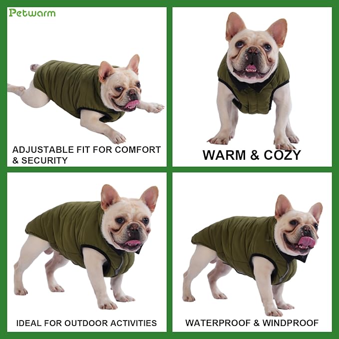 PetWarm Reversible Dog Winter Coat, Windproof Dog Puffer Vest, Soft Vest for Dogs with Hook-and-Loop Strap for Easy Dressing, Waterproof Coat for Dogs with Adjustable Fit, Green, 2XL
