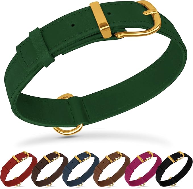 Leather Dog Collar - Heavy Duty Adjustable Soft Padded Pet Collars for Small Medium Large Dogs Breed - Black Green Brown Pink Red Blue (Green, S, 9"-12" Neck Fit)