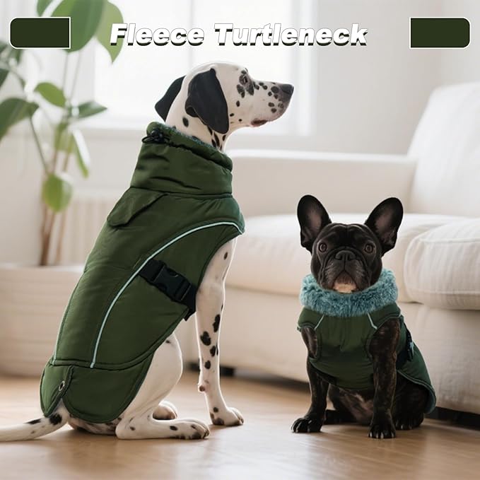 DENTRUN Large Dog Coat - Thick Fleece Lined Reflective Winter Jacket, Snap Closure & Leash Hole, Warm Thick Fleece Lined, Plush Turtleneck Vest for German Shepherd, Army Green, XXL