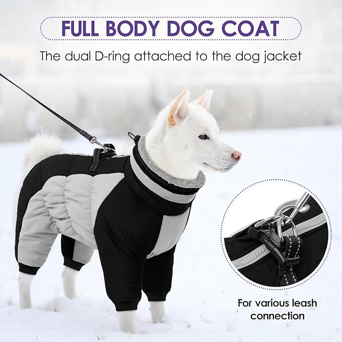 SUNFURA Full Body Dog Coat - Warm Fleece Jacket for Large Dogs, Turtleneck Winter Coats with Harness, Reflective Dog Snowsuit Windproof Puffer Jackets with Legs for Weimaraner, Black XL