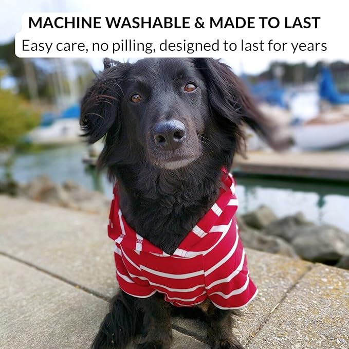 DJANGO Dog Hoodie – Warm, Lightweight, Soft & Stretchy Dog Sweater with Hood, Harness Hole & Elastic Waistband – Cozy Sweatshirt for Small Dogs up to 25 lbs, Dachshunds & Puppies – Crimson Red, Small