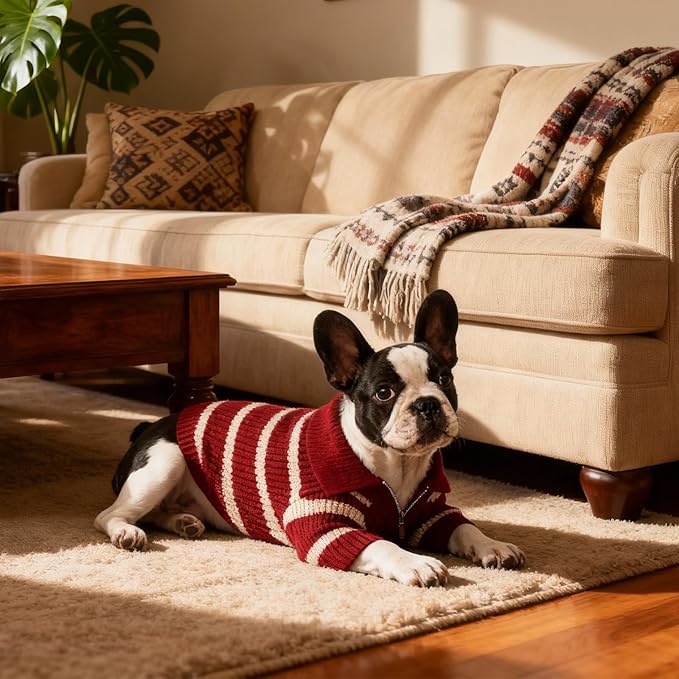 Small Dog Sweater with Zipper, Knitted Striped Pullover Dog Clothes for Cold Weather, Thick Warm Cozy Stretchy Sweater for Chihuahua, Bulldog, Dachshund, Pug(Red & White Strip, L)