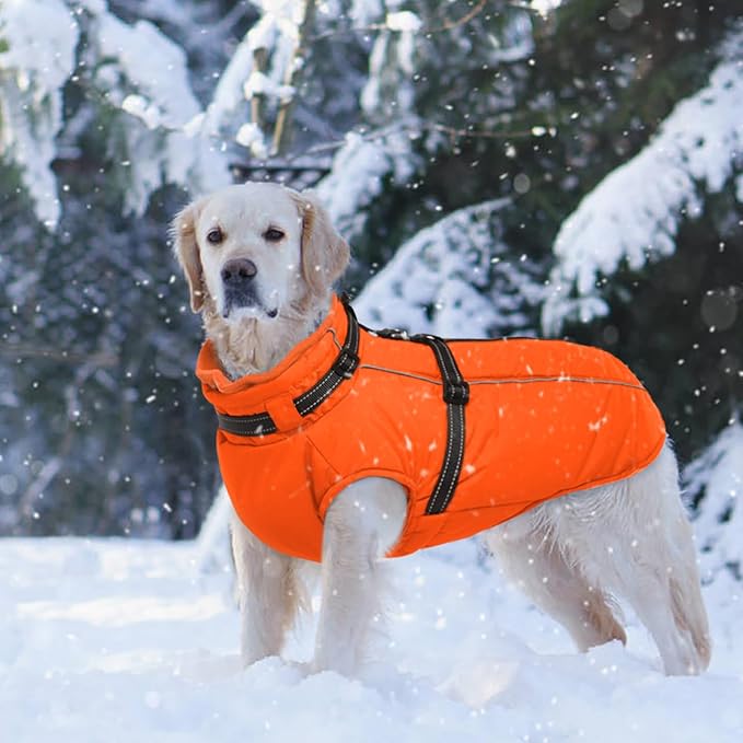 Lelepet Dog Winter Coat Waterproof Dog Jacket with Harness Built in Windproof Reflective Pet Coats for Extra Large Dogs, Thermal Fleece Lined Coats for Cold Weather Walking, Great Dane, Orange, 3XL