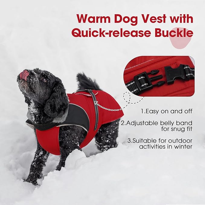 Nanaki Warm Dog Coats for Winter, Fleece Lined Furry Collar, Waterproof Reflective Dog Snowsuit with Leash Hole for Outdoor Walking Hunting, Easy On Cold Weather Puppy Jacket Vest, Beagle, Red L