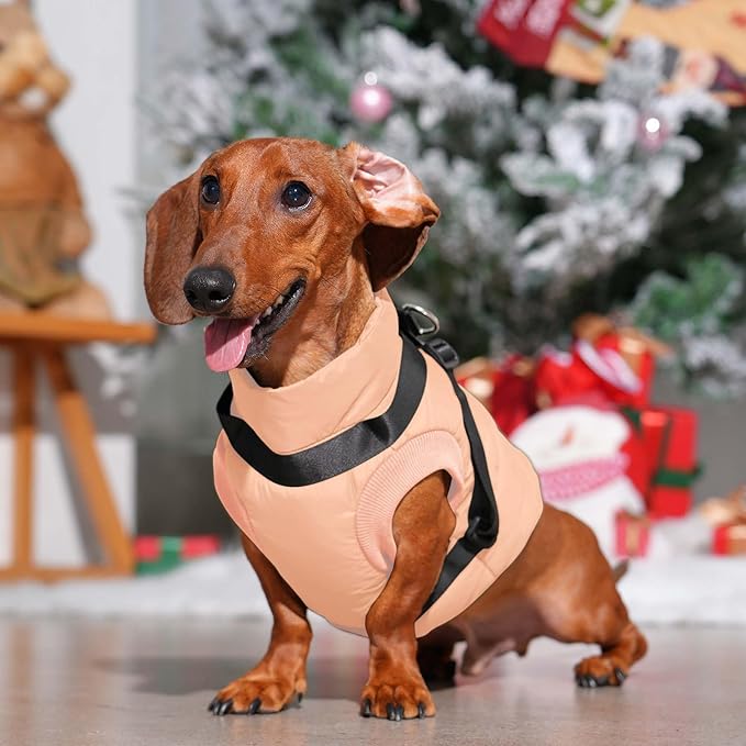 Dog Jacket with Harness,Fleece Lined Warm Puppy Coat for Winter,Soft Windproof Small Dog Vest,LightOrange S