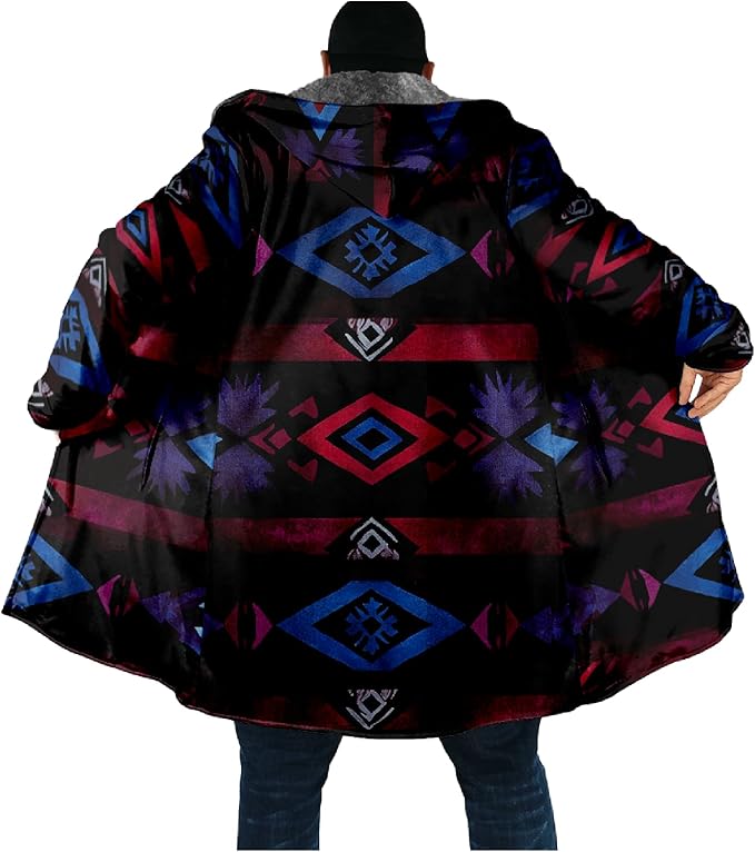 Mens Aztec Print Hoodie Heavyweight Cotton Fleece Jacket Zip Up Warm Long Sleeve Hooded Winter Midi Coat
