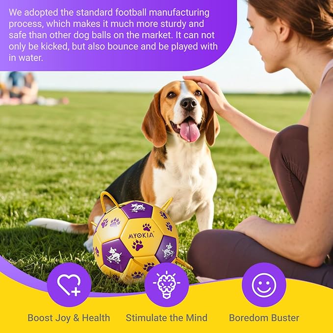 Size 2 Dog Soccer Ball with Straps Durable Training Ball for Pets Interactive Outdoor Dog Toy,Yellow & Purple, Paw and Puppy Design, for Small & Medium Puppie