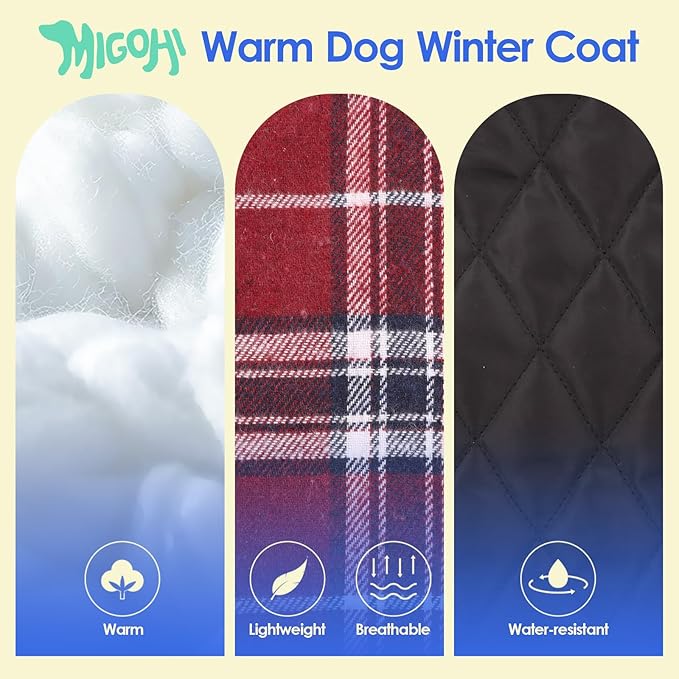 MIGOHI Dog Jackets for Winter, Windproof Waterproof Reversible Dog Coat for Cold Weather, British Style Plaid Warm Dogs Vest for Small Dogs, Red M