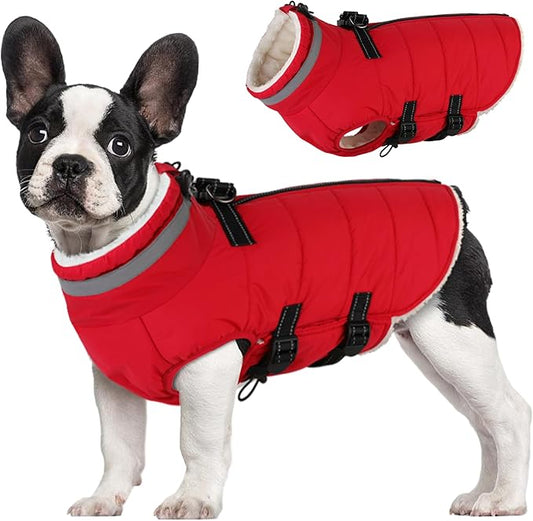 Medium Dog Coat with Harness Built-in, Waterproof Reflective Fleece Lined - Warm Windproof Winter Jacket with Back Zipper, Cold Weather Snow Dog Coats - Red - M
