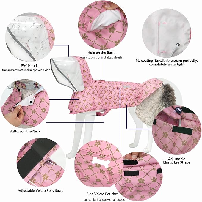 Waterproof Dog Raincoat, Adjustable Reflective Lightweight Pet Rain Clothes with Poncho Hood (Gold Cheery Blossoms Pink, Large)