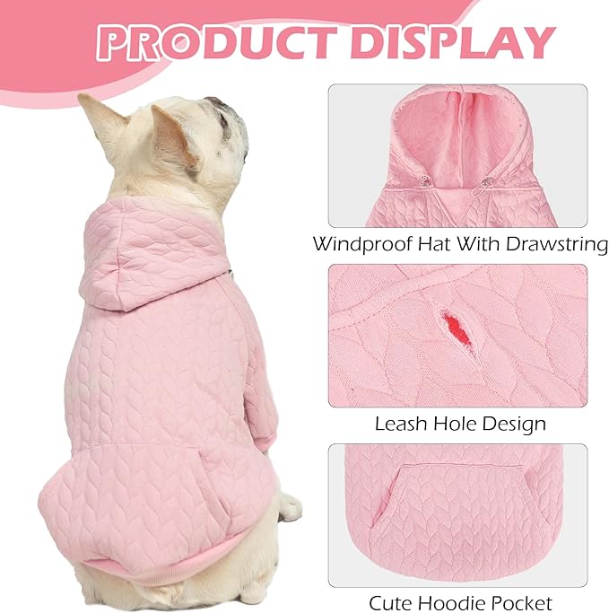 EXPAWLORER Textured Cable Knit Basic Dog Hoodie, Elevated Style Dog Sweater with Leash Hole and Pocket, Soft and Warm Pet Winter Coat, Cold Weather Clothes for Small Medium Large Dogs,Pink M