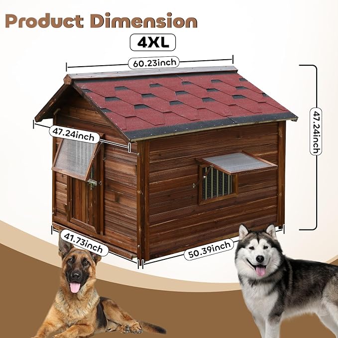 Large Pine Wood Dog House Outdoor with Removable Elevated Floor,Lockable Door,Adjust Windows,Easy to Clean,Safe Dog Kennel Outdoor for Large Breed